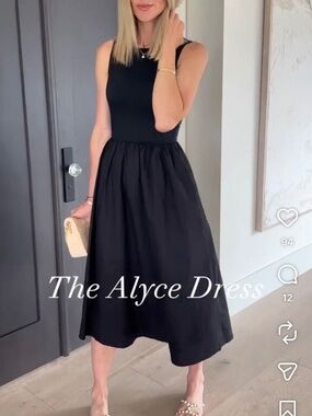 PRIV Alyce Black Mixed Media Midi Poplin Dress Pockets size M